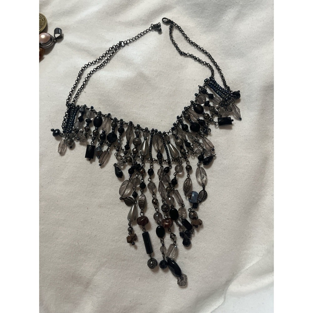 Gunmetal Beaded Bib Necklace Black Gray Glass Dangle Statement